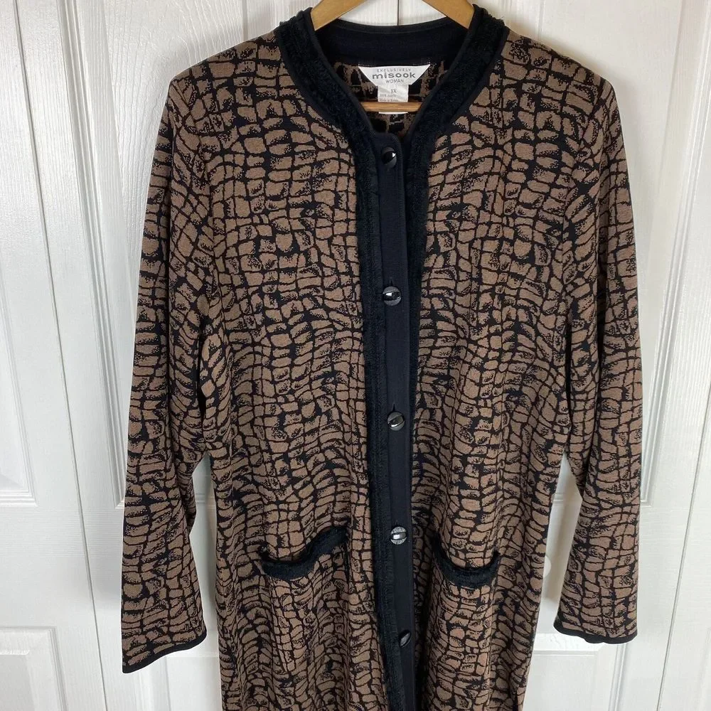 Misook 1X Cardigan Sweater Jacket Duster Long Button Coat Animal Art To Wear